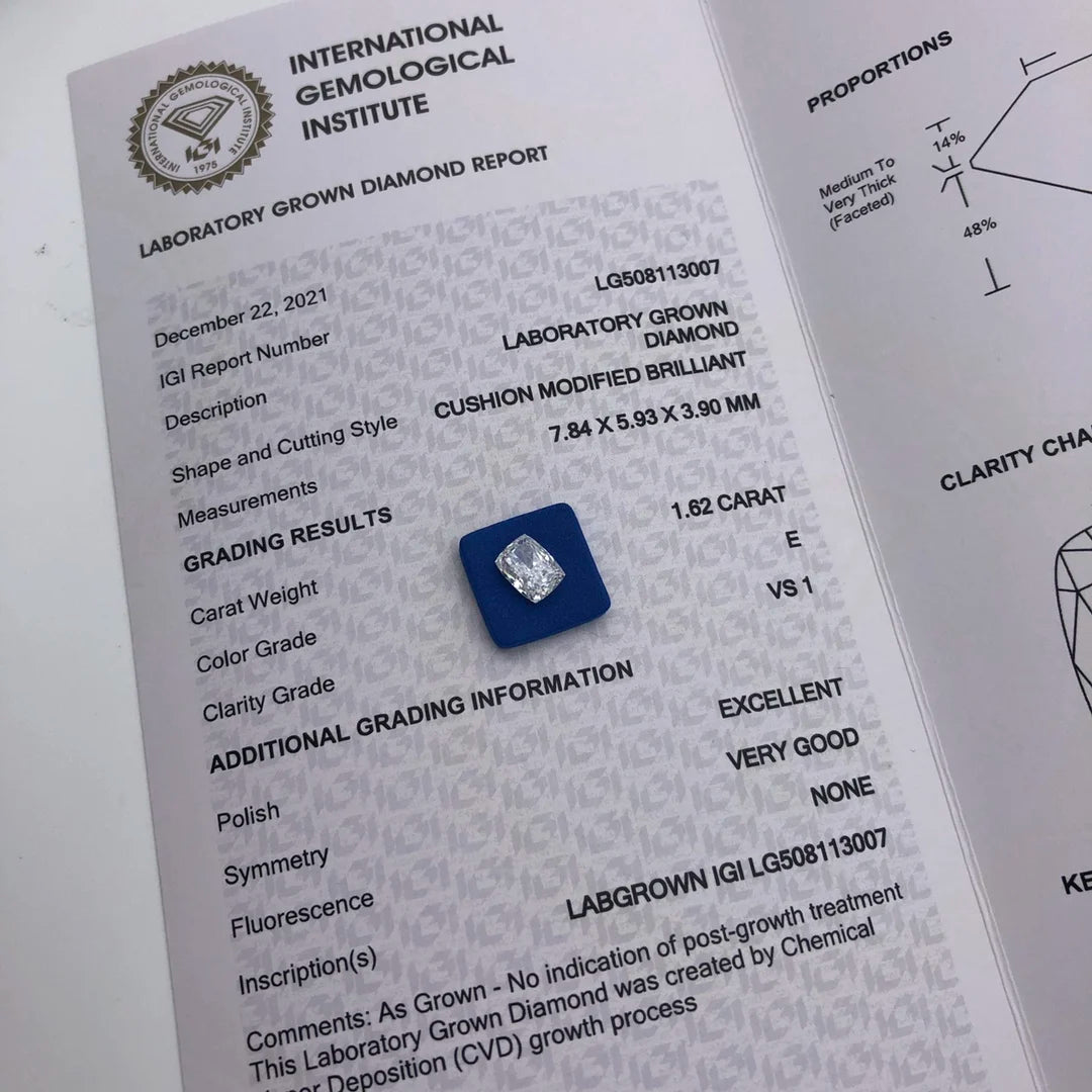 1ct 1.5ct  2ct 2.5 3ct 5ct HPHT CVD Diamond  IGI Certificate Cushion cut lab grown diamonds